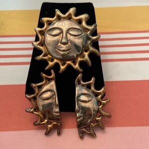 Sterling silver & vermeil sun pin & clip earrings. Marked 925 and maker’s mark.